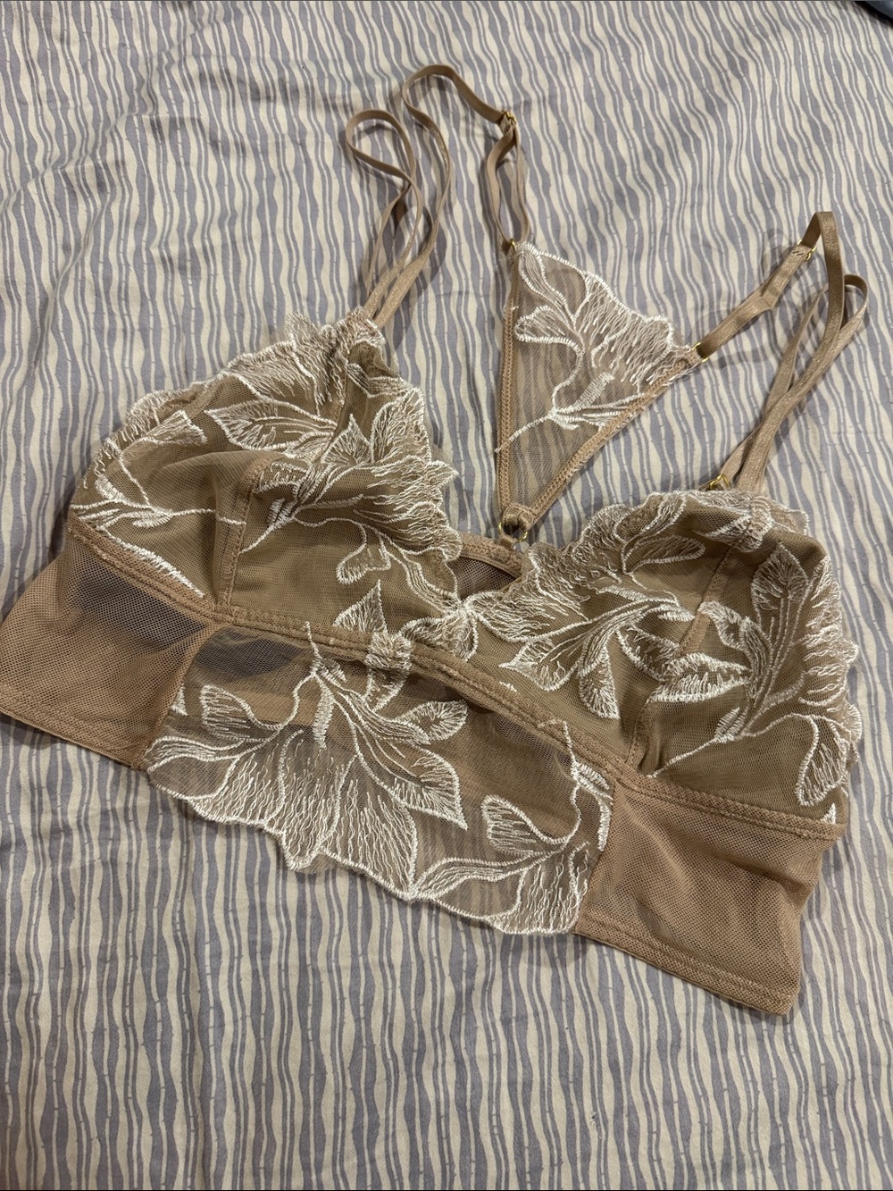 Urban Outfitters Beige Mesh Lace Bralette with White Embroidery